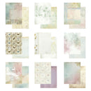 A 3x3 grid of nine pastel scrapbook paper designs with vintage watercolor textures, floral prints, butterfly motifs, and soft patterned sheets on a white background.