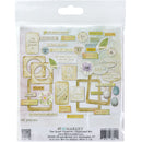 A packaged set of 45 scrapbook chipboard pieces from The Quiet Observer by Bandonmarket, featuring vintage-style labels, frames, and botanical elements in soft green, beige, and muted floral tones.