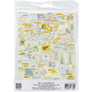 A packaged sheet of 138 vintage-style ephemera stickers from 49 and Market, featuring illustrations of jars, leaves, butterflies, and labels in soft pastel tones of green, yellow, and blue on a cream background.