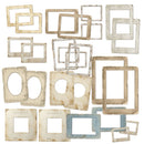 A collection of vintage-style picture frames in assorted shapes and sizes, featuring distressed finishes in cream, beige, light blue, and white on a solid white background.