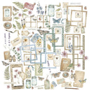 A collage of vintage-style scrapbook and journaling embellishments on a white background, including butterflies, flowers, leaves, jars, film strips, labels, frames, and notes in muted pastel and earthy tones.