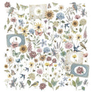 A botanical and nature collage print featuring watercolor-style illustrations of flowers, butterflies, birds, bees, and leaves, arranged around three vintage-style circular frames on a white background.