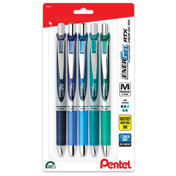 Pentel EnerGel RTX Retractable Liquid Gel Pens 0.7mm 5/Pkg - Chill Expressions*