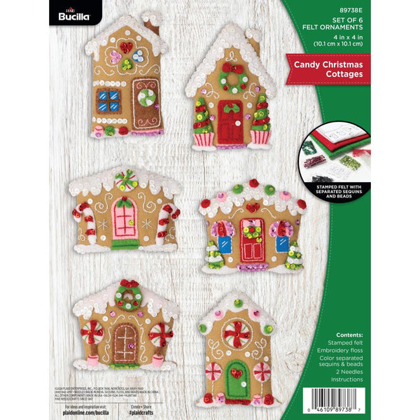 Bucilla Felt Ornaments Applique Kit Set Of 6 Candy Christmas Cottages*