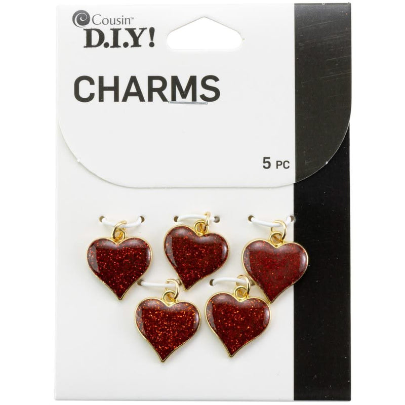 Cousin DIY Gold Metal Finish Heart Charm Set 5/Pkg Red Glitter*
