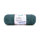 A skein of Grundl Hello Again yarn in a muted teal-green color, wrapped with a pink and white paper label, on a clean white background.