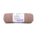 A single skein of Grundl Hello Again yarn in a dusty rose-brown color, wrapped with a white paper label, on a clean white background.