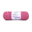 A single skein of pink yarn with a white paper label reading 'gründl hello again' on a clean white background.