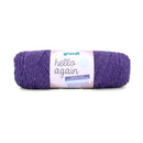 A skein of purple yarn with a white paper label that reads 'gründl hello again', photographed on a clean white background.