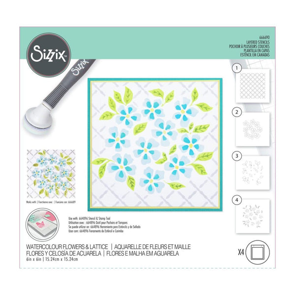 Sizzix Layered Stencils By Eileen Hull 4/Pkg - Watercolour Flowers & Lattice*