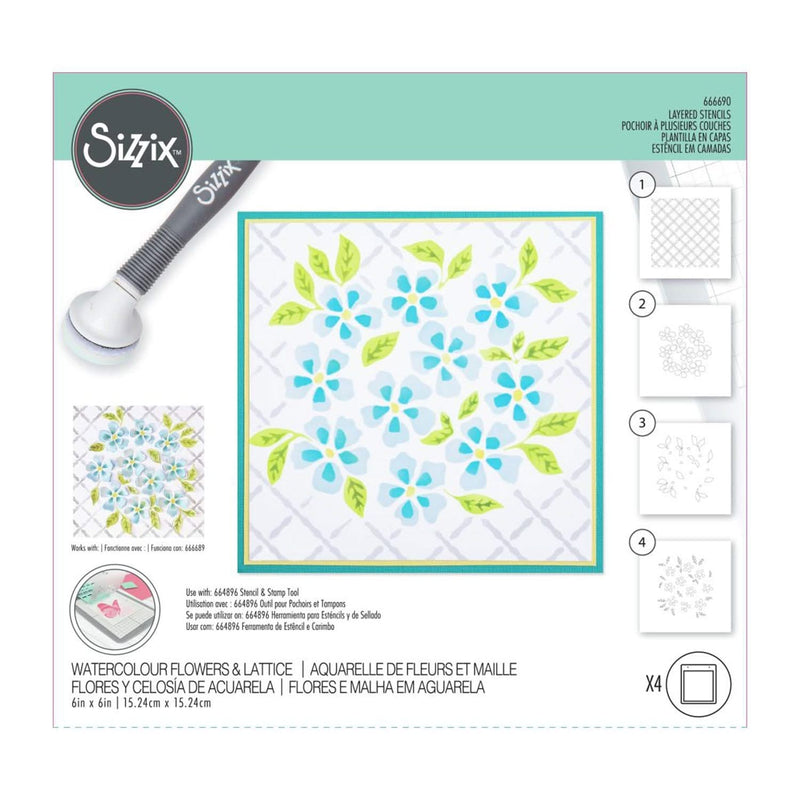 Sizzix Layered Stencils By Eileen Hull 4/Pkg - Watercolour Flowers & Lattice*