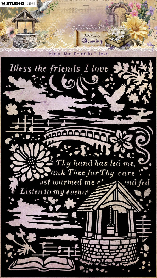 Jenine's Mindful Art Stencil 5.83"X8.27" Bless Friends I Love, Growing & Blooming