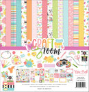 Echo Park Craft Room Collection Kit with pastel patterned papers featuring scissors, washi tape, cameras, florals, rainbows and craft tools in pink, teal, yellow and coral