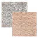 Two square patterned paper overlapping on a white background. The top-left swatch is distressed gray and white with an ornate repeating scroll motif.