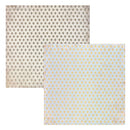 Two square patterned sheets or cards shown overlapping on a white background. The top-left sheet has a beige and brown repeating cross motif, and the bottom-right sheet has a pale blue and gold repeating cross motif.