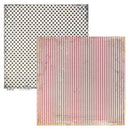 Two patterned paper sheets overlapping on a white background. The top sheet has a black and white polka dot pattern, and the bottom sheet has vertical red and white stripes with distressed gold borders.