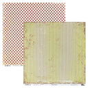 Two square scrapbook paper sheets overlapping on a white background. The top sheet has a red and beige polka dot pattern, and the bottom sheet has vertical olive green and beige stripes with a distressed border.