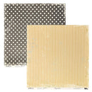 Two scrapbook paper sheets with distressed patterns, one featuring a dark gray and white polka dot design and the other featuring mustard yellow and white vertical stripes, displayed on a white background.