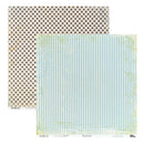 Two square patterned paper sheets overlapping on a white background. The top sheet has a brown and beige polka dot pattern, and the bottom sheet has light blue and white vertical stripes with distressed yellow-green borders.