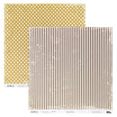 Two square scrapbook paper sheets with a vintage design, one featuring a mustard yellow background with white polka dots, and the other featuring vertical brown and cream stripes with distressed edges.