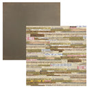 A sheet of patterned scrapbook paper featuring a vintage ticket and letter collage, shown next to its solid taupe backing sheet on a white background.