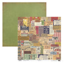 A sheet of scrapbook paper featuring a large solid sage green background with a smaller square overlay pattern made of vintage ticket, label, and advertisement clippings in muted beige, brown, red, blue, and yellow tones. The sheet is photographed on a white background with small printed branding at the bottom edge.