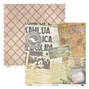 A sheet of scrapbook paper with a vintage Mexican theme, featuring a dusty pink and beige quatrefoil pattern on one side and a collage of old newspaper clippings, postcards, and handwritten letters on the other.