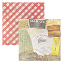 A sheet of red and white gingham patterned paper shown alongside a collage of vintage Italian restaurant and food-themed labels on a white background.