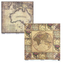 Two vintage-style world map paper sheets shown on a white background, with one sheet displaying Australia and the other a full world map surrounded by regional maps.