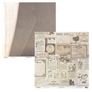 A sheet of scrapbooking paper with a vintage collage pattern of sepia-toned advertisements, alongside a coordinating dark gray fabric or paper sheet on a white background.
