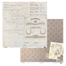 A set of vintage-themed scrapbooking papers from 7 Papers, featuring antique marriage licenses, old letters, and a brown damask patterned sheet.