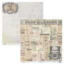 Two square paper sheets with vintage newspaper and magazine collage designs, one with a 'Mr. & Mrs.