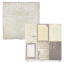 A set of vintage-themed scrapbooking papers from Papermania, featuring a large textured cream and gold patterned sheet alongside coordinating sheets with lined notes, blank frames, script, and damask patterns.