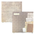 Two sheets of scrapbook paper, featuring a vintage sheet music pattern in beige and a second sheet with a brown floral pattern and collage elements like postcards and a book.