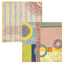 Two sheets of patterned scrapbook paper displayed overlapping on a white background. One sheet features vertical stripes with small text, and the other features a patchwork design with circles, dots, and geometric shapes in yellow, red, green, blue, and white.