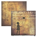 Two square decorative paper sheets with a distressed vintage design, featuring a silhouette of a child holding a balloon and French text, shown on a white background.