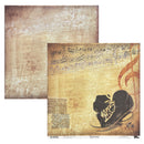 Two square decorative paper sheets with a vintage music theme, featuring musical notes, sheet music, and a pair of black ice skates on a textured tan background.