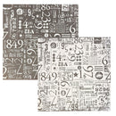 Two overlapping sheets of vintage-style numbered paper with dense typographic and numeric patterns in gray, white, and black.