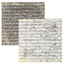 Two sheets of vintage-style printed paper with dense musical notation, shown overlapping on a plain white background. One sheet is dark brown with aged yellowed spots, and the other is off-white with similar yellowing and black notation.
