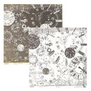 Two square decorative papers with vintage clock and pocket-watch collage designs, one in dark brown and one in off-white, shown on a white background.