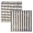Two square patterned paper sheets with distressed textures, one featuring a black and white harlequin diamond pattern and the other featuring vertical black and white stripes, displayed on a white background.