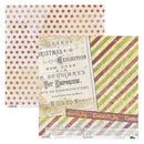 A set of scrapbooking paper sheets featuring vintage Christmas-themed patterns, including a pink and white polka dot design, a distressed beige newspaper print, and diagonal red, green, and cream stripes.