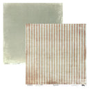 Two square patterned paper sheets overlapping on a white background. The top sheet has a muted green and beige checkerboard pattern, and the bottom sheet has vertical rust-brown and beige stripes.
