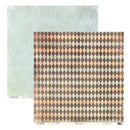 Two square scrapbook paper sheets. One sheet features a distressed light blue-green damask pattern, and the other features a distressed brown, beige, and peach harlequin diamond pattern.