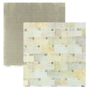 Two sheets of patterned scrapbook paper. Paper shown on a white background. The top-left sheet features a repeating olive green and beige geometric maze pattern, while the larger bottom-right sheet displays a vintage postmark collage design in muted beige, yellow, and green tones.