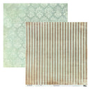 Two square sheets of patterned scrapbook paper shown on a white background. The top-left sheet has a pale sage green damask pattern, and the bottom-right sheet has vertical brown and cream stripes with a distressed vintage look.