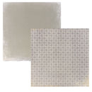 Two square fabric or paper swatches with repeating geometric patterns, one in a gray and white checkerboard style and the other in a beige and gray floral lattice style, shown on a white background.