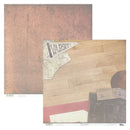 A sheet of scrapbook paper featuring a collage design with a football texture, hardwood floor, vintage ticket, and a pennant that reads 'VARSITY'.