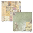 Two square sheets of vintage baseball-themed scrapbooking paper displayed on a white background. The top-left sheet features a collage of old baseball tickets, scores, and posters in muted yellow, brown, and beige tones.