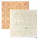 Two square scrapbook paper sheets from Decoupage Expressions, featuring a warm orange and beige geometric pattern on one sheet and an aged beige parchment background with cursive handwriting on the other.